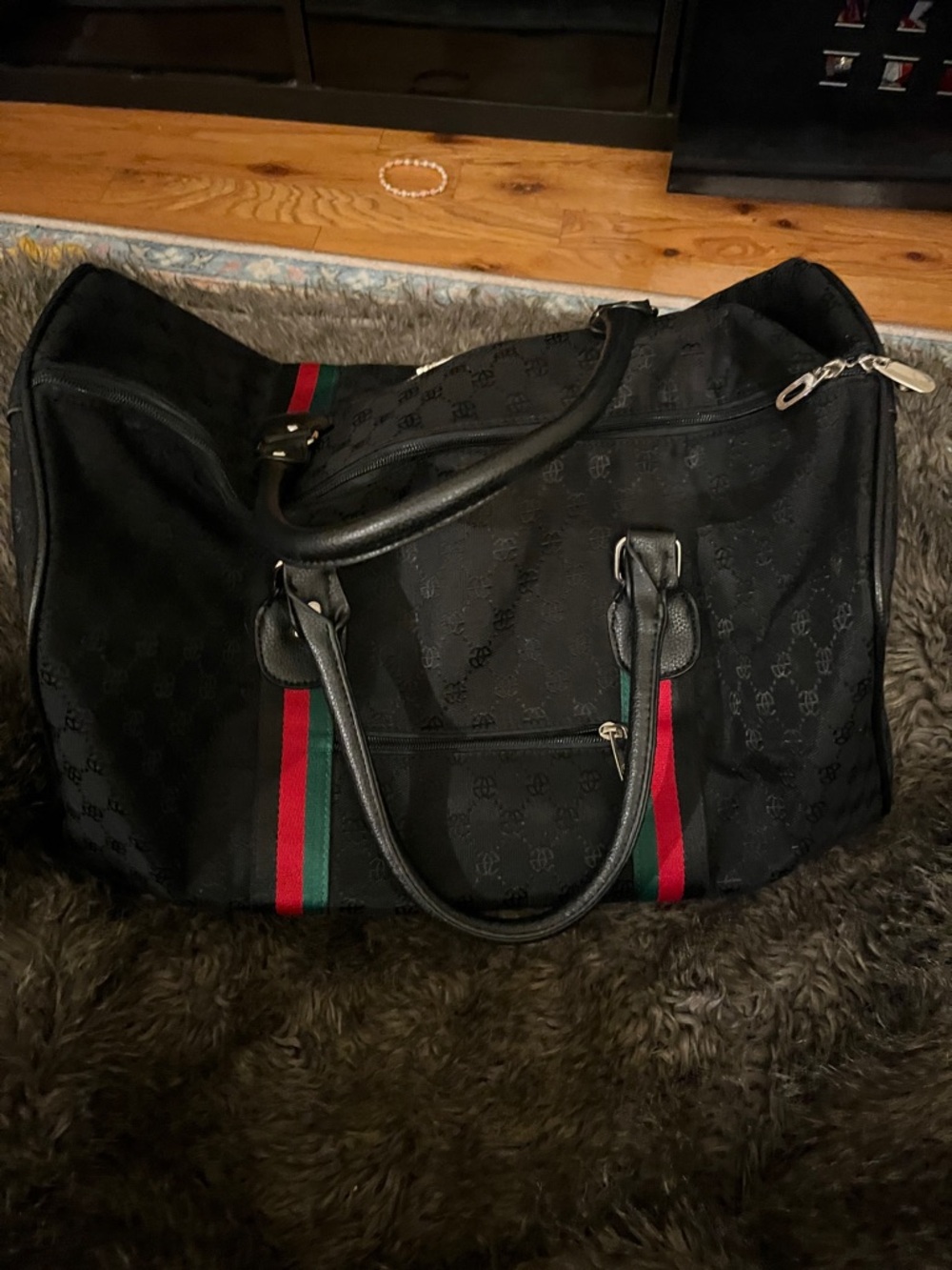 Black Travel Duffel Bag with Red & Green Stripes